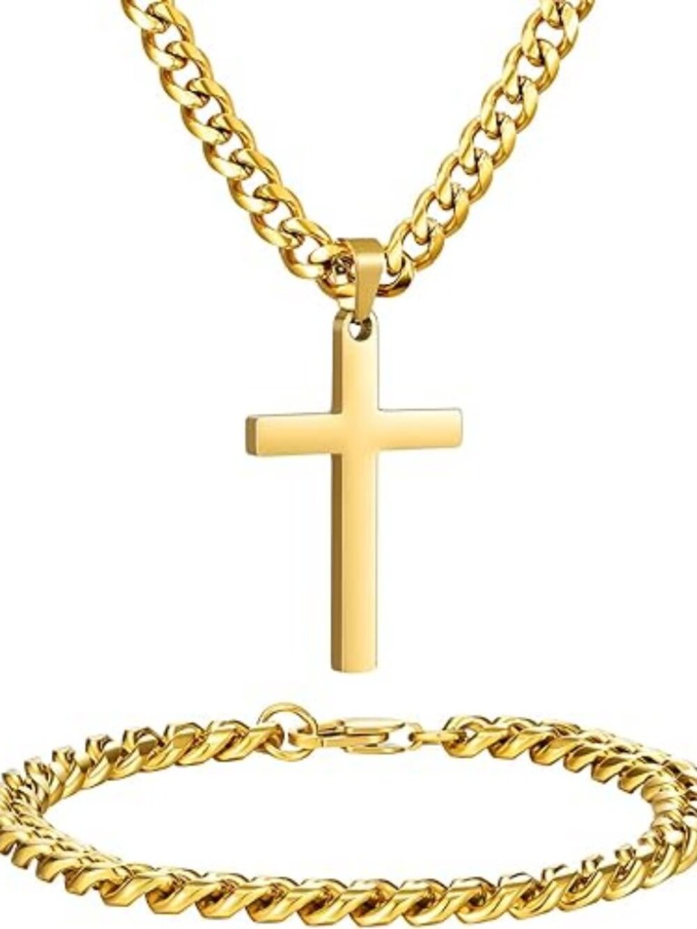 Stainless Steel Cross Necklace & Bracelet Set – Cuban Figaro Box Chain Religious